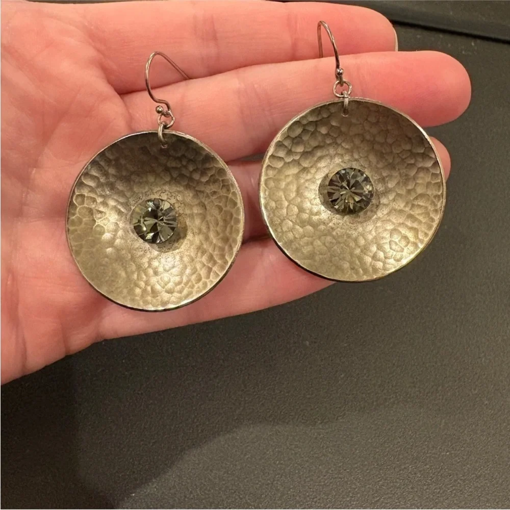 Elegant Silver Hammered Rhinestone Statement Earrings